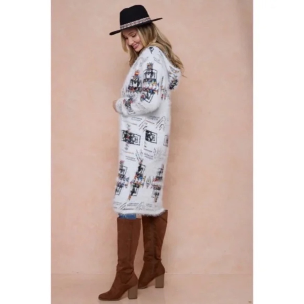 Aztec Rainbow Boho Cowichan Jacquard Eyelash Fuzzy Cardigan Knit Sweater - Picture 5 of 9